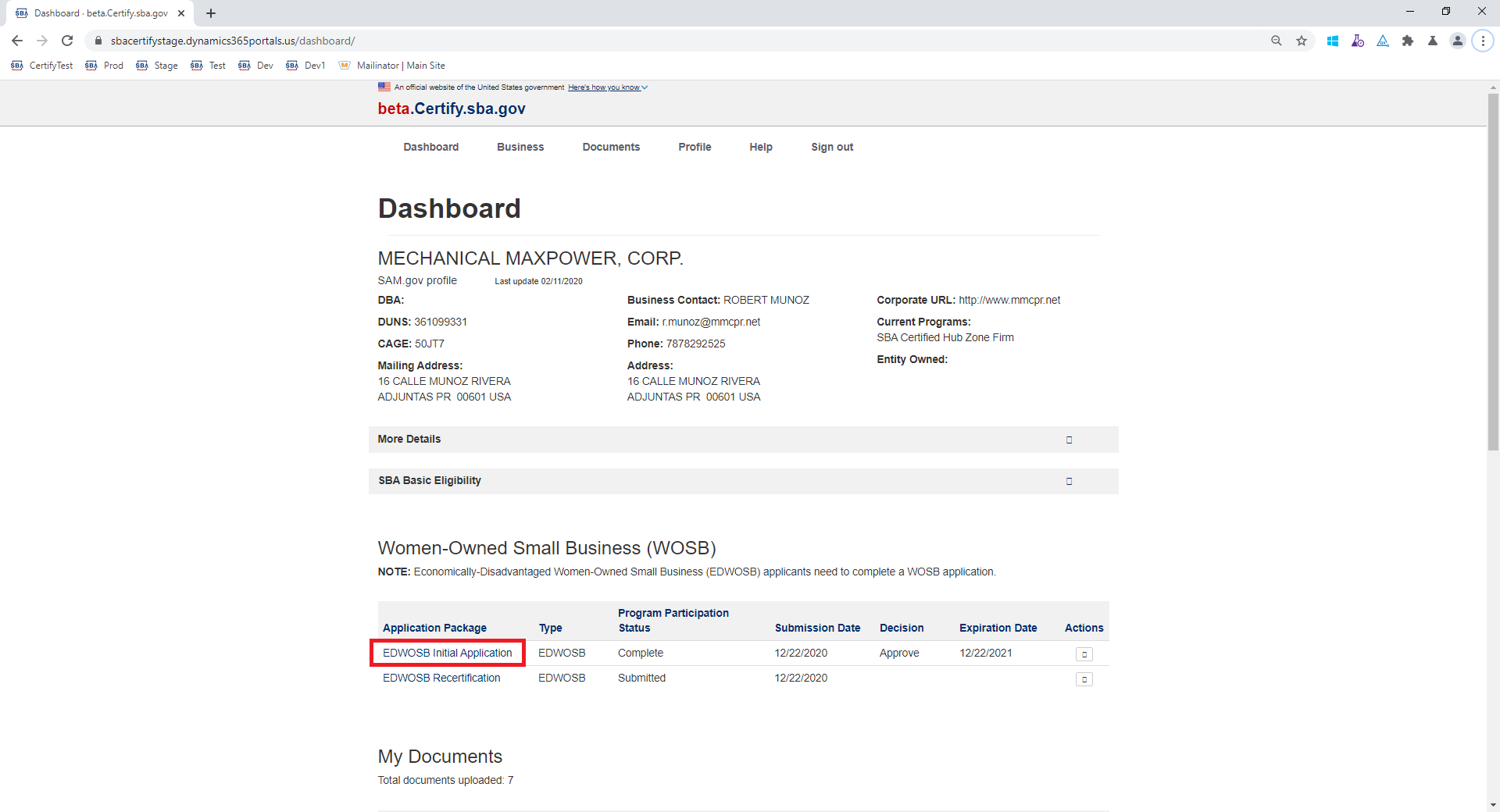 An Image showing a sample firms Dashboard in beta.certify.sba.gov. It highlights the link EDWSOB Initial Application to begin an Annual Update.
