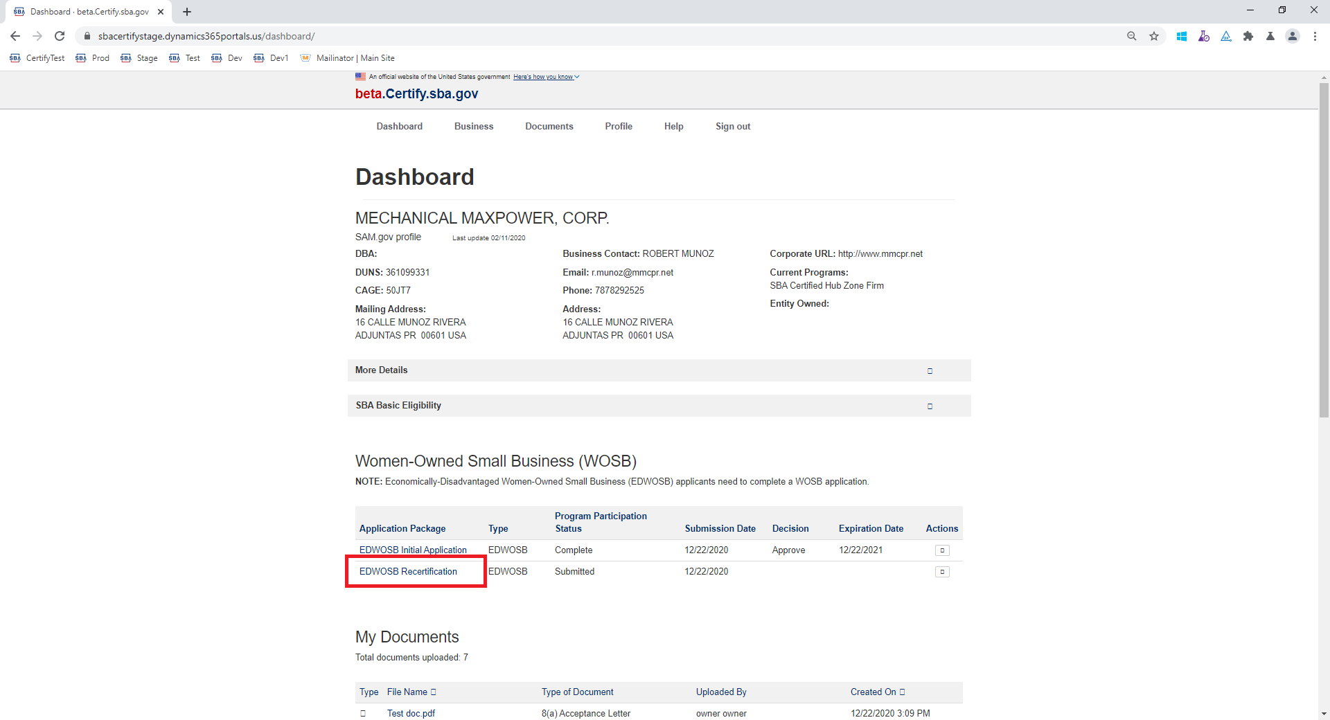 A screenshot showing a sample applicant's firm in beta.Certify.sba.gov and listing the link to begin a firm's recertification application.
